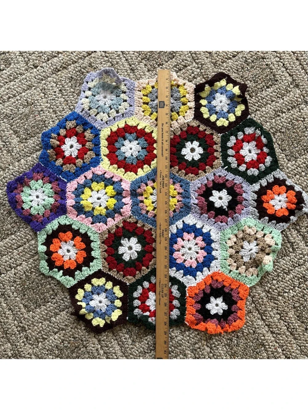 Vintage Round Crochet Afghan Blanket Hexagon Granny Multicolor Handmade Boho